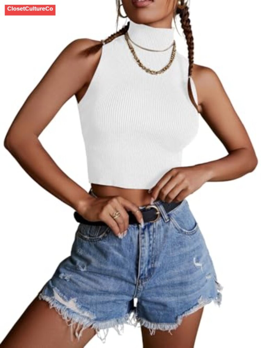 Sleeveless Turtleneck Crop Top Mock Neck Ribbed Knit Fitted Casual Tank